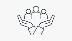 Graphic icon of open hands holding three people