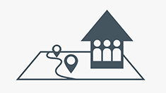 Graphic icon of a house with three people icons inside with two navigation points outside on a curved line.