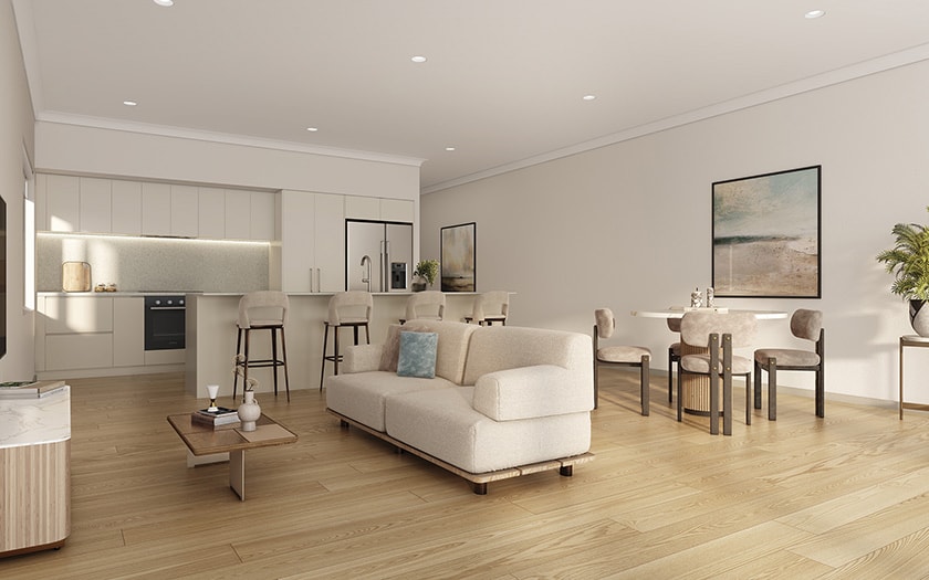 A spacious entertaining area comprising a modern kitchen, dining area and lounge and TV section.