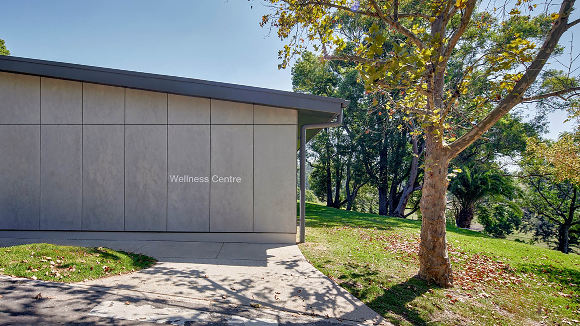 St John of God Richmond Hospital redevelopment exterior view of wellness centre in front of trees and grassy hill