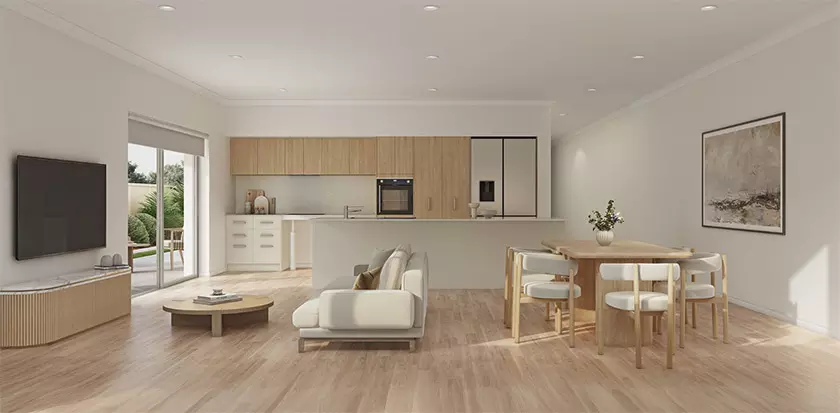 Staged photo of a spacious open plan living room. The room includes a modern kitchen, dining area and entertainment area.