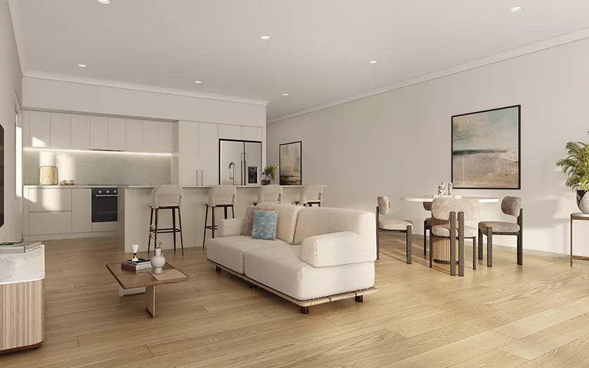 A spacious entertaining area comprising a modern kitchen, dining area and lounge and TV section.